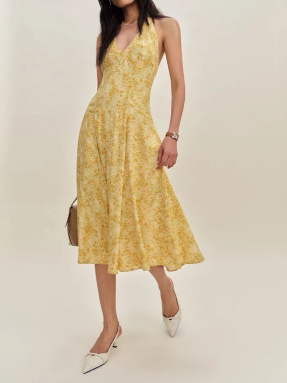 Reformation Sofia Yellow Floral Halter Midi Dress, Sz 12
